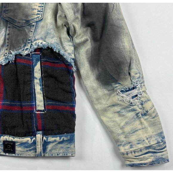 Makobi Mens Small Blue Plaid Full Zip Denim Jean Sherpa Jacket Distressed M1035 - Picture 6 of 11